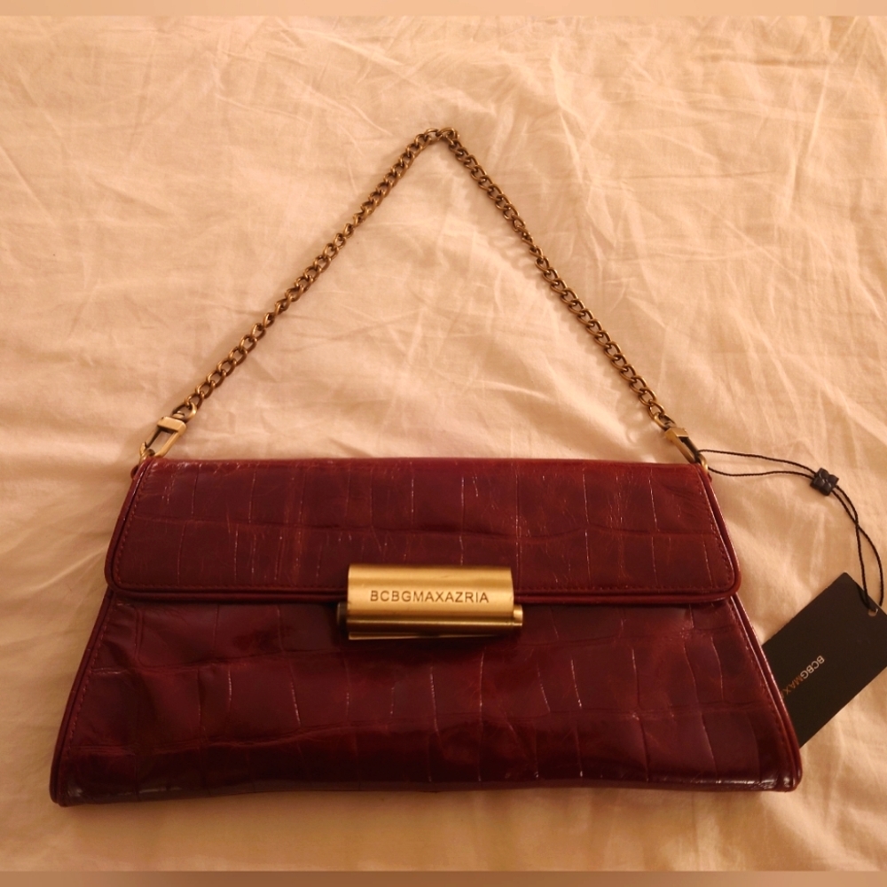 NWT Brown Leather BCBG MaxAzria Crocodile Chantal Clutch Purse Wristlet Gold